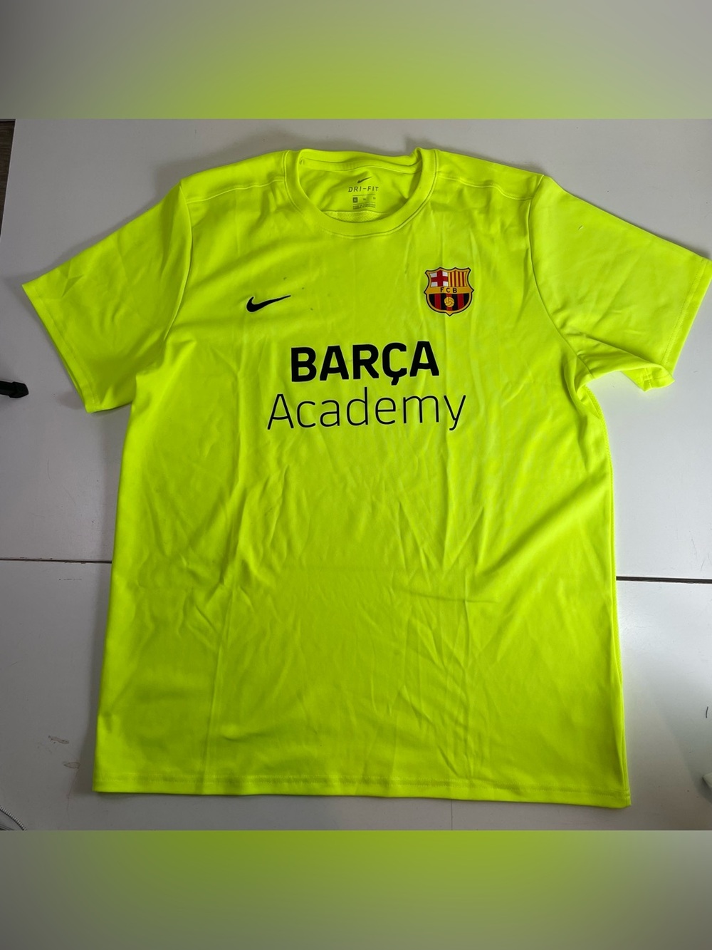 Barcelona FCB Soccer Jersey Mens size XL Barca Academy Nike Neon Yellow Stains